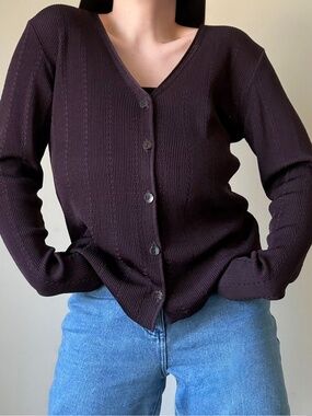 Long Sleeve 100% Silk Button-Up Cardigan in Chocolate Plum